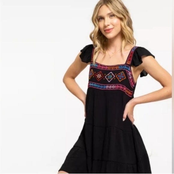 AUGUST SKY Black Embellished Mini Dress with Square Neck and Flutter Sleeves - Picture 1 of 13